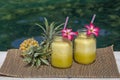 Homemade mango and pineapple smoothie made with coconut milk in two glass mug near swimming pool . Island Bali, Indonesia. Royalty Free Stock Photo