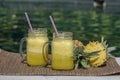 Homemade mango and pineapple smoothie made with coconut milk in two glass mug near swimming pool . Island Bali, Indonesia. Royalty Free Stock Photo