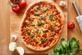 Homemade Margarita Flatbread Pizza with Tomato and Basil. Royalty Free Stock Photo