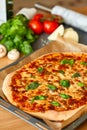 Homemade Margarita Flatbread Pizza with Tomato and Basil. Royalty Free Stock Photo