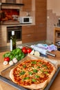 Homemade Margarita Flatbread Pizza with Tomato and Basil. Royalty Free Stock Photo