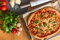 Homemade Margarita Flatbread Pizza with Tomato and Basil. Royalty Free Stock Photo