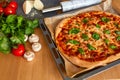 Homemade Margarita Flatbread Pizza with Tomato and Basil. Royalty Free Stock Photo