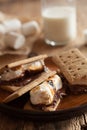 Homemade marshmallow s`mores with chocolate on crackers