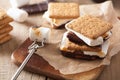 Homemade marshmallow s`mores with chocolate on crackers