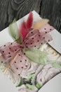 Homemade marshmallows in a gift box. Tied with ribbon. With sprigs of lagurus. Zephyr flowers. On black pine boards. Close-up Royalty Free Stock Photo