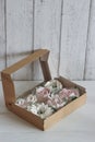 Homemade marshmallows in a paper gift box. Zephyr flowers. Royalty Free Stock Photo