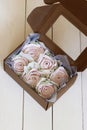 Homemade marshmallows in a paper gift box. Zephyr flowers. Close-up Royalty Free Stock Photo