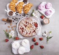 Homemade marshmallows strawberry pie, croissants, coffee, chocolate paste Royalty Free Stock Photo