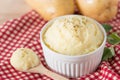 Homemade mashed potatoes in white bowl. Royalty Free Stock Photo