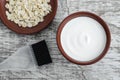 Homemade mask made of sour cream greek yogurt, olive oil and oatmeal. Diy cosmetics Royalty Free Stock Photo