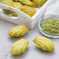 Matcha green tea madeleines on table and in wooden tray, square Royalty Free Stock Photo