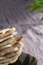 Homemade matzo with microgreen peas. Unleavened flatbread bread. Pesah celebration concept. Jewish Passover background. Pita Royalty Free Stock Photo