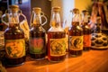 homemade mead bottles with custom labels on a table