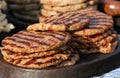 Homemade meatballs on an electrical grill. Grill background. Fast foot outside. Diet and health. Minced meat on barbecue. Pleskav Royalty Free Stock Photo