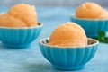 Homemade melon, apricot or peach ice cream , sorbet in bowl with mint leaves. Closeup Royalty Free Stock Photo