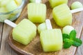 Homemade melon popsicles on a wooden background