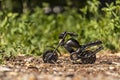 Toy model of a sports motorcycle on a blue background Royalty Free Stock Photo