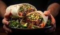 Homemade Mexican burrito grilled beef, fresh vegetables, and spicy sauce generated by AI Royalty Free Stock Photo