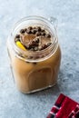 Homemade Milk Bubble Tea with Tapioca Pearls in Mason Jar. Royalty Free Stock Photo