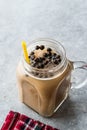 Homemade Milk Bubble Tea with Tapioca Pearls in Mason Jar. Royalty Free Stock Photo