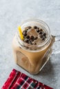 Homemade Milk Bubble Tea with Tapioca Pearls in Mason Jar. Royalty Free Stock Photo