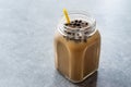 Homemade Milk Bubble Tea with Tapioca Pearls in Mason Jar.