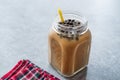 Homemade Milk Bubble Tea with Tapioca Pearls in Mason Jar. Royalty Free Stock Photo