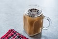 Homemade Milk Bubble Tea with Tapioca Pearls in Mason Jar. Royalty Free Stock Photo