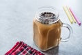 Homemade Milk Bubble Tea with Tapioca Pearls in Mason Jar. Royalty Free Stock Photo