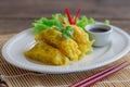 Homemade minced pork dumpling on white plate served with dipping Royalty Free Stock Photo