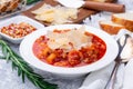 Homemade minestrone soup with cavatappi pasta, beans and vegetables, horizontal Royalty Free Stock Photo