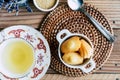 Homemade miniature madeleines and cup of green tea