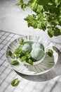 Homemade mint ice cream with mint leaves on a concrete background.