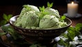 Homemade mint ice cream, a refreshing summer indulgence on wood generated by AI