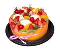 Homemade Mixed fruits cake, orange apple strawberry, cherry isolated on white background, clipping path Royalty Free Stock Photo