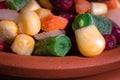 Homemade mixture of frozen vegetables, macro close-up background Royalty Free Stock Photo