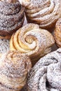 Homemade modern cruffin cake, yeast rolled cinnamon bun sprinkled powdered sugar. Copy space. Background. Close up