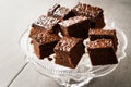 Homemade Moist Chocolate Sponge Cake Brownie Pieces in Vintage Glass Dessert Stand. Royalty Free Stock Photo