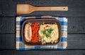 Homemade Moussaka served with bread and chutney (East European cuisine)