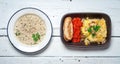 Homemade Moussaka served with mushroom chowder bread and chutney (East European cuisine)