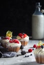 Homemade muffin with fresh berries around and bottle of milk on a table