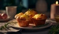 Homemade muffin on wooden plate, a sweet indulgence for snack generated by AI