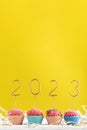Homemade muffins decorated with 2023 numbers on yellow background. Happy New Year, Merry Christmas concept. Vertical frame