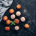 Homemade muffins glazed with colored sprinkles on a cooling rack, black stone grunge background. Top view, flat lay, square Royalty Free Stock Photo