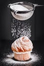 Homemade muffins with powdered sugar on black background, selective focus. Homemade bakery Royalty Free Stock Photo