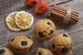 Homemade muffins on the rustic table - delicious pastries. Delicious dessert