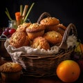 Homemade muffins in a wicker basket on a dark background
