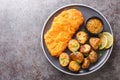 Homemade Munich veal schnitzel fried in breadcrumbs with mustard and horseradish garnished with baked potatoes close-up in a plate