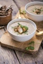 Homemade mushroom cream soup with sliced dry mushrooms. Top view